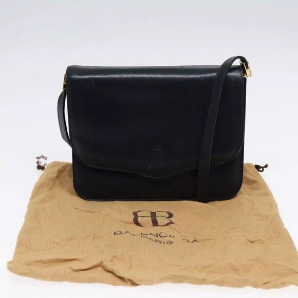 BALENCIAGA Shoulder Bag Leather Navy Gold Auth - Picture 2 of 16